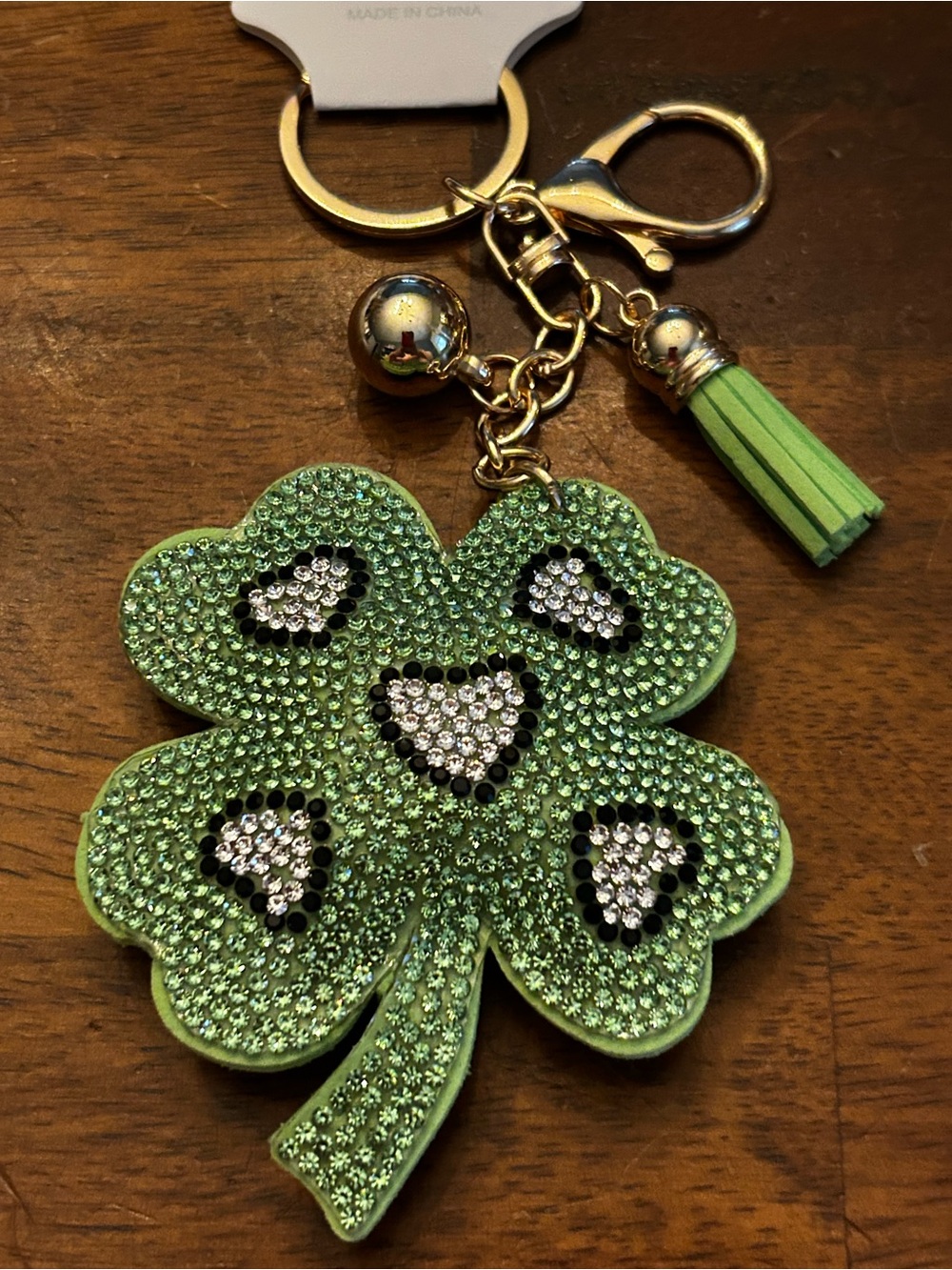 Fashion Jewelry Green Crystal Four-Leaf Clover Keychain BagCharm w/Gold Hardware